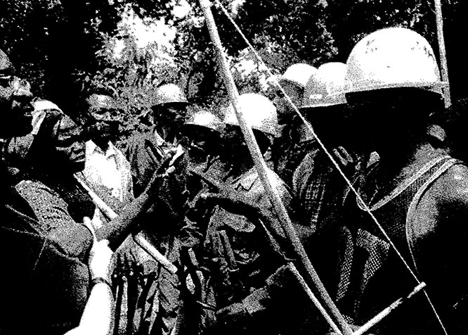 Figure 5. Wangari Maathai and allies being restrained by hired men in Karura Forest