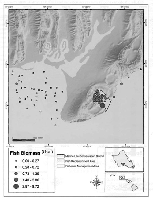 Figure 4 - Fish biomass for southeast Oahu (May2004). (Friedlander et al. 2006) [Note: 1 t/ha = 892 lb/ac] 